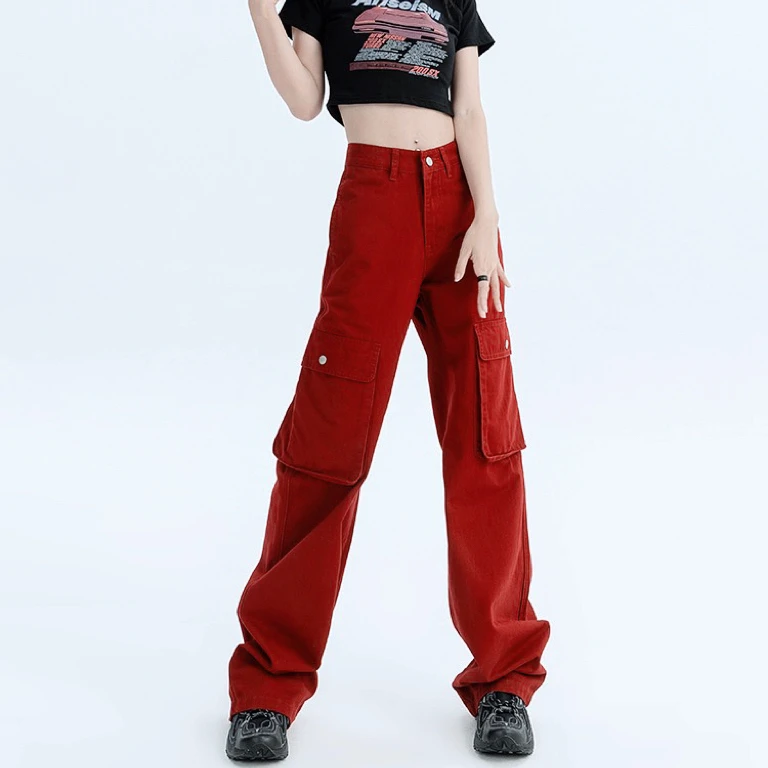 红色美式工装裤女2023新款机能风辣妹多口袋休闲宽松阔腿裤子