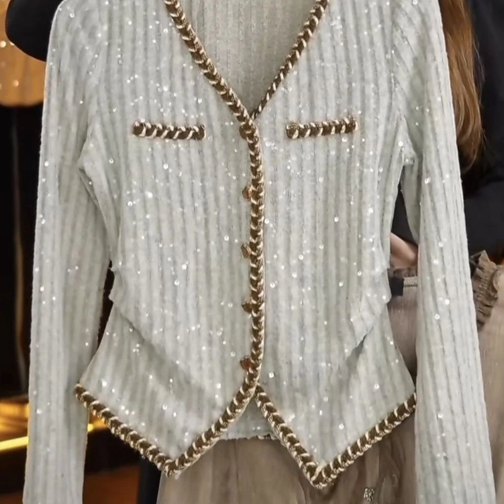 berylbetty秋季新款亮片开衫设计修身百搭气质上衣