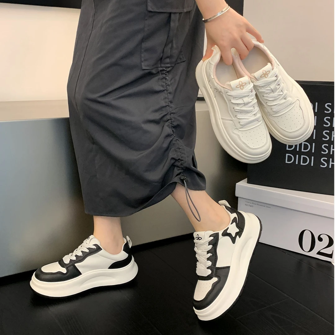 2024秋季黑白配色星星小白鞋圆头厚底单鞋休闲板鞋5766【样鞋】