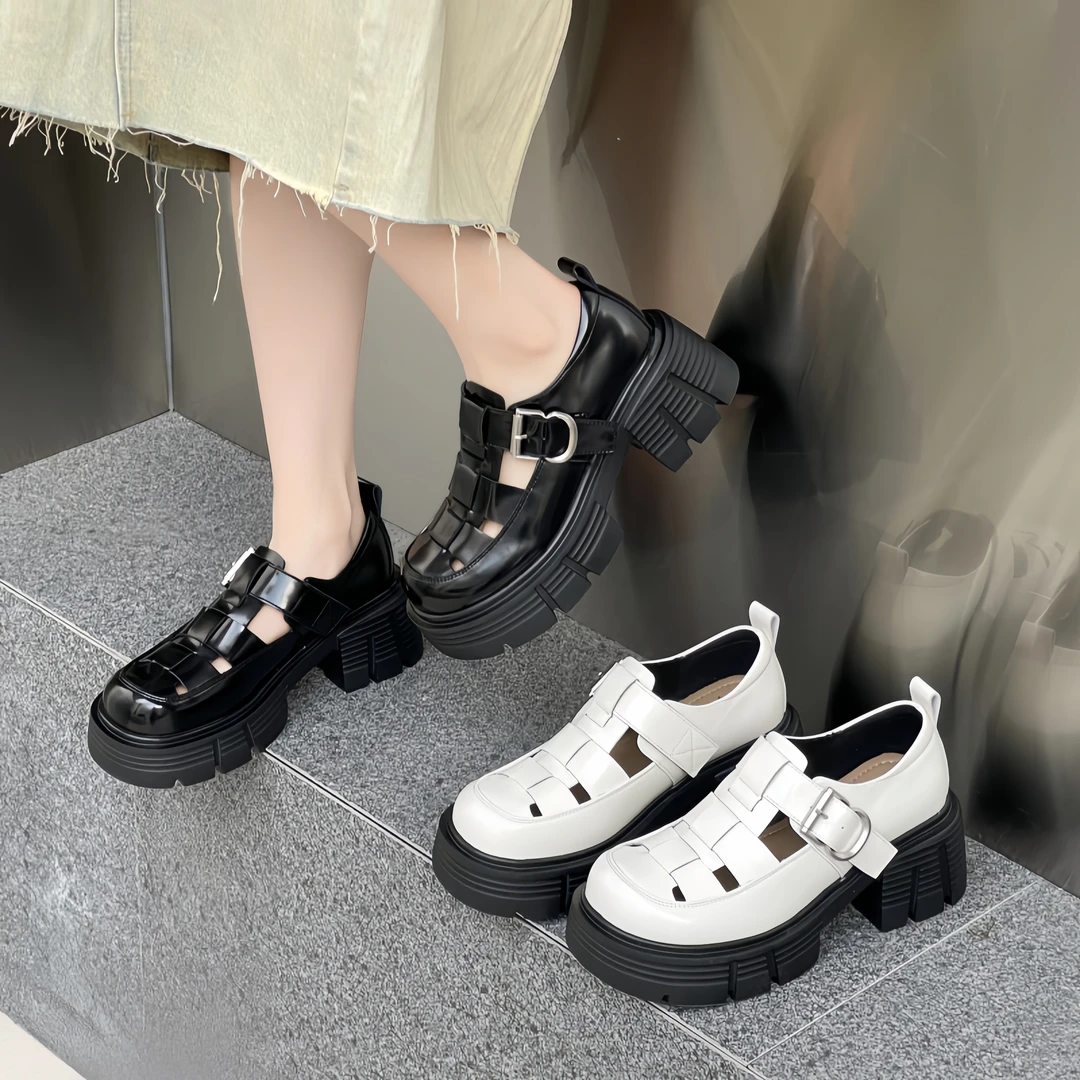夏季时尚复古百搭圆头厚底猪笼鞋0359