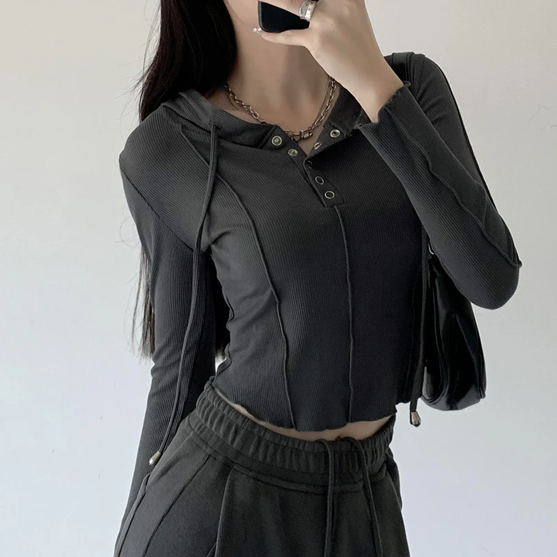 韩曼惠连帽长袖t恤女装新款夏季修身辣妹显瘦短款上衣灰色打底衫