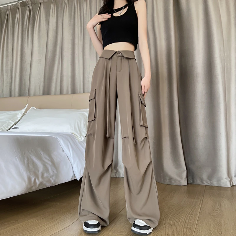 韩曼惠阔腿西装裤女夏季2025高腰垂坠直筒显瘦休闲小个子工装裤女