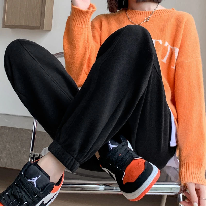 韩曼惠美式运动裤女裤夏款高腰休闲款式小个子黑色束脚哈伦卫裤