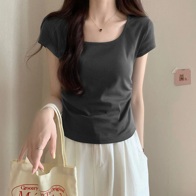 韩曼惠深灰色短袖女夏正肩紧身褶皱设计感显瘦方领露锁骨百搭上衣