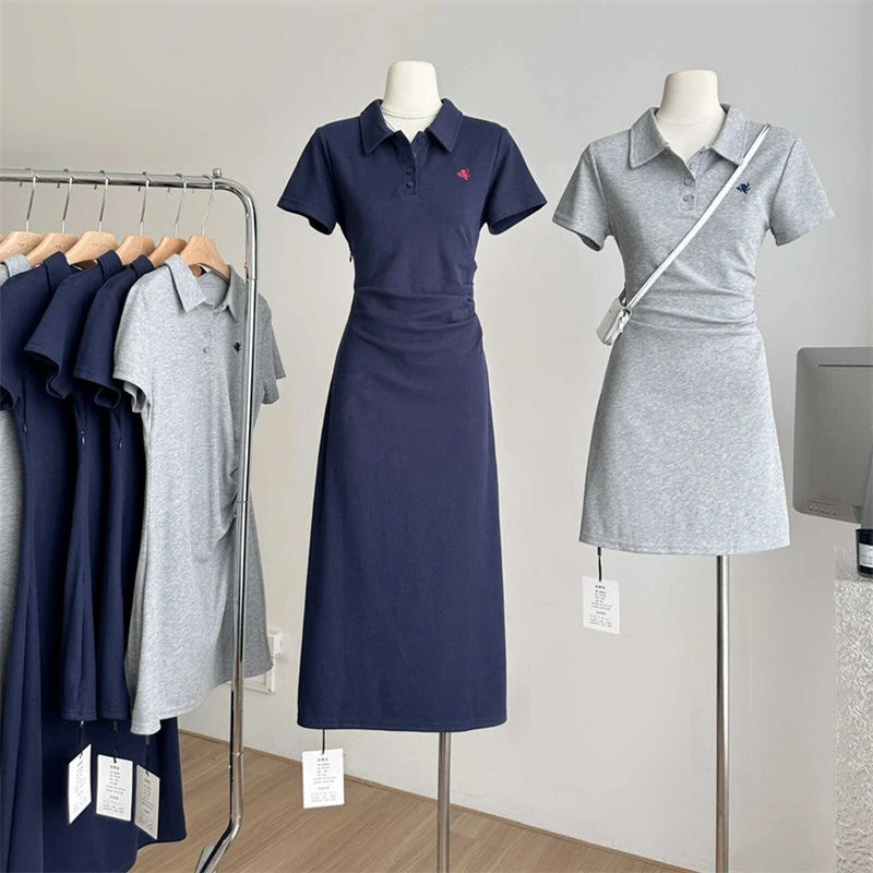 韩系polo领纯棉短袖T恤连衣裙女夏季新款刺绣收腰显瘦中长款裙子