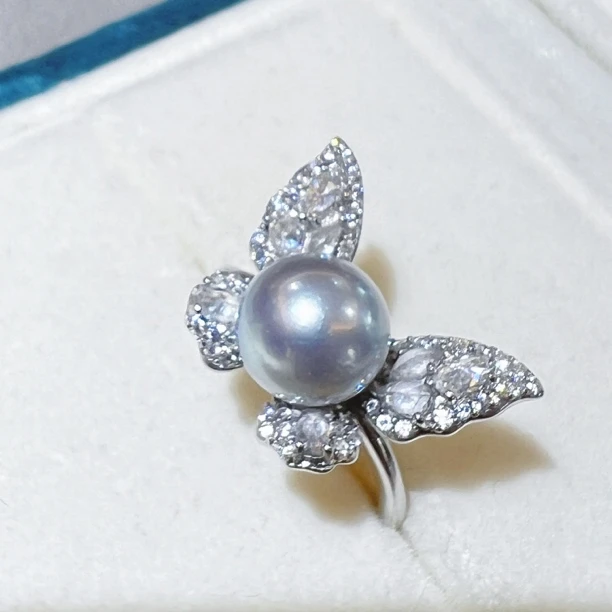 国标925银镶嵌海水真多麻珍珠蝴蝶造型戒指轻奢百搭