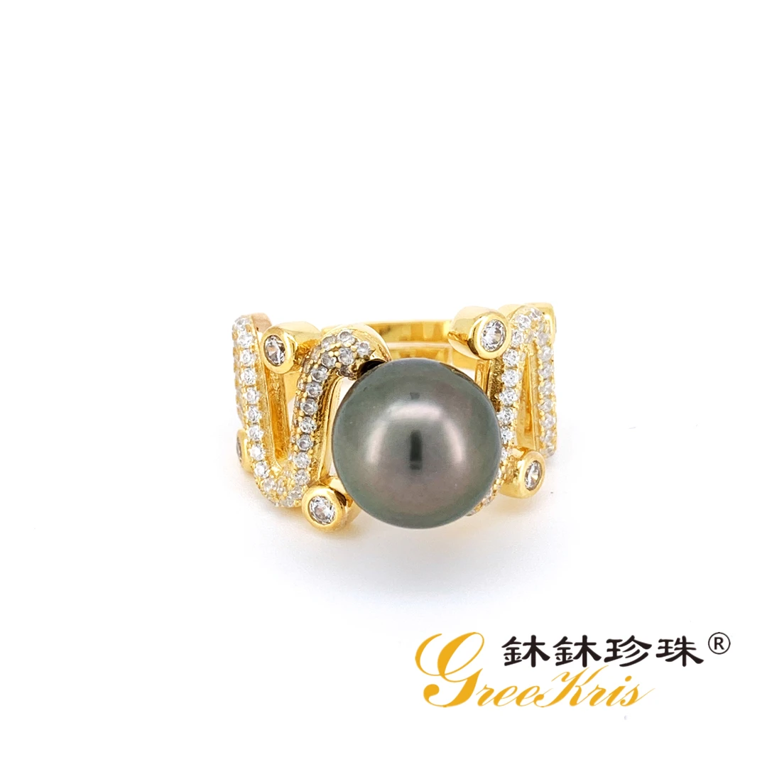 S925银镶嵌大溪地黑珍珠时尚复古百搭戒指