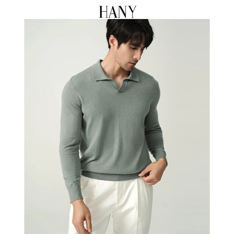 HANY【可机洗羊绒棉】汉尼针织衫男士长袖灰绿高级休闲polo衫秋季