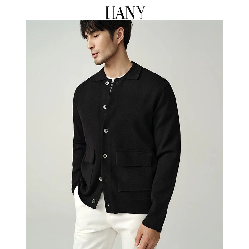 HANY【加厚澳毛夹克】汉尼毛衣男羊毛衫商务保暖黑色针织衫外套秋