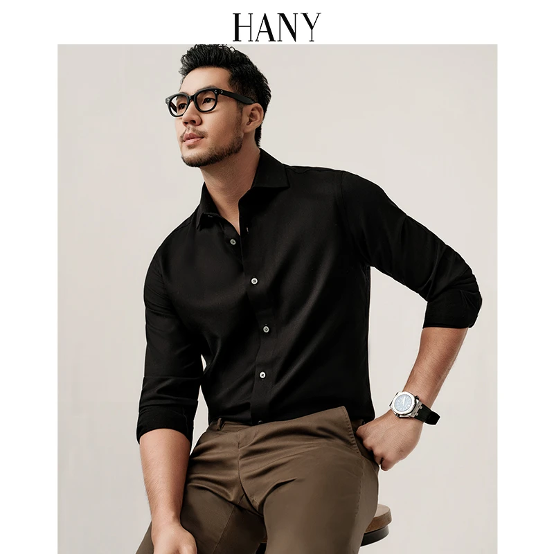 HANY【羊毛衬衫】汉尼长袖男高级商务保暖黑色男士长袖衬衣休闲秋季