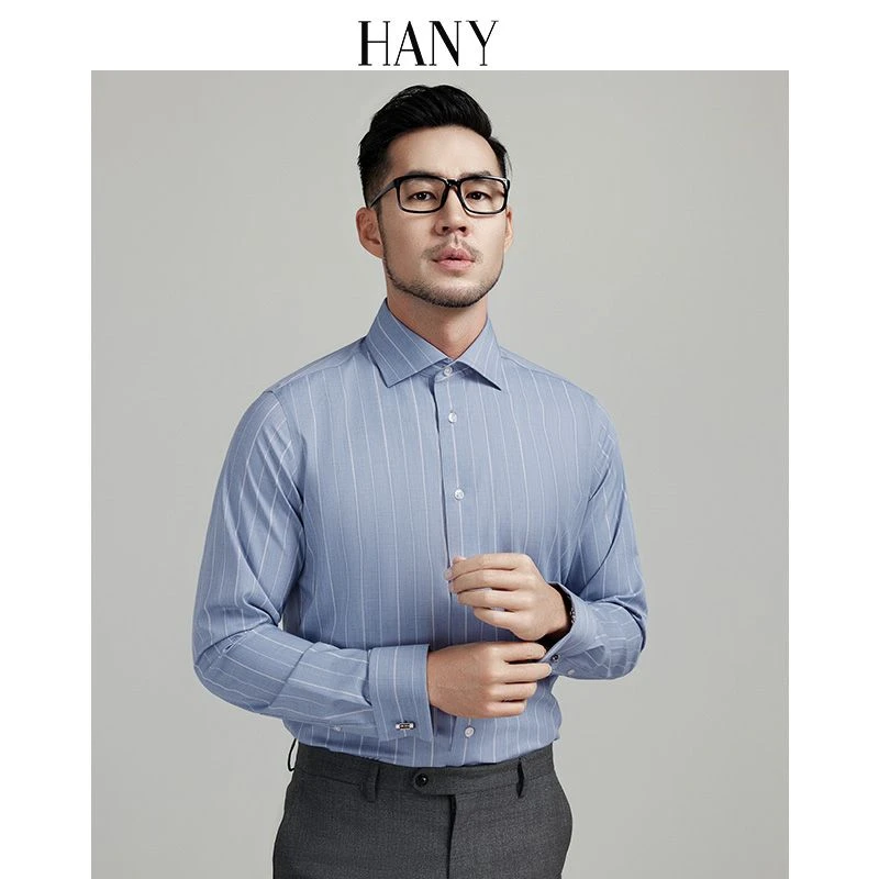 HANY【温莎领易打理】汉尼新法式衬衫男长袖正装条纹商务袖扣衬衣