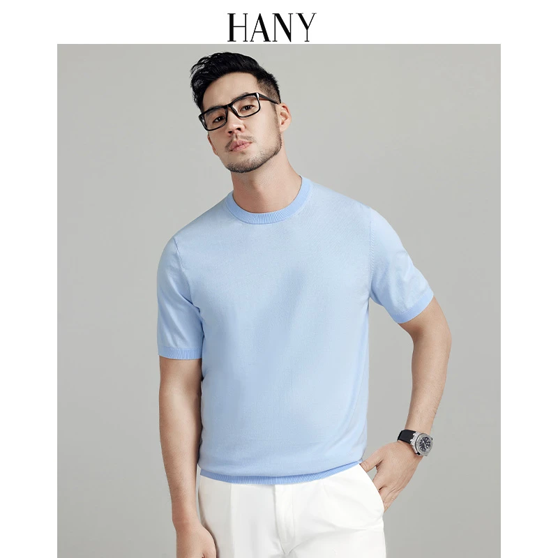 HANY【100支纯棉】高级t恤男商务短袖天蓝色休闲针织打底衫男装秋季