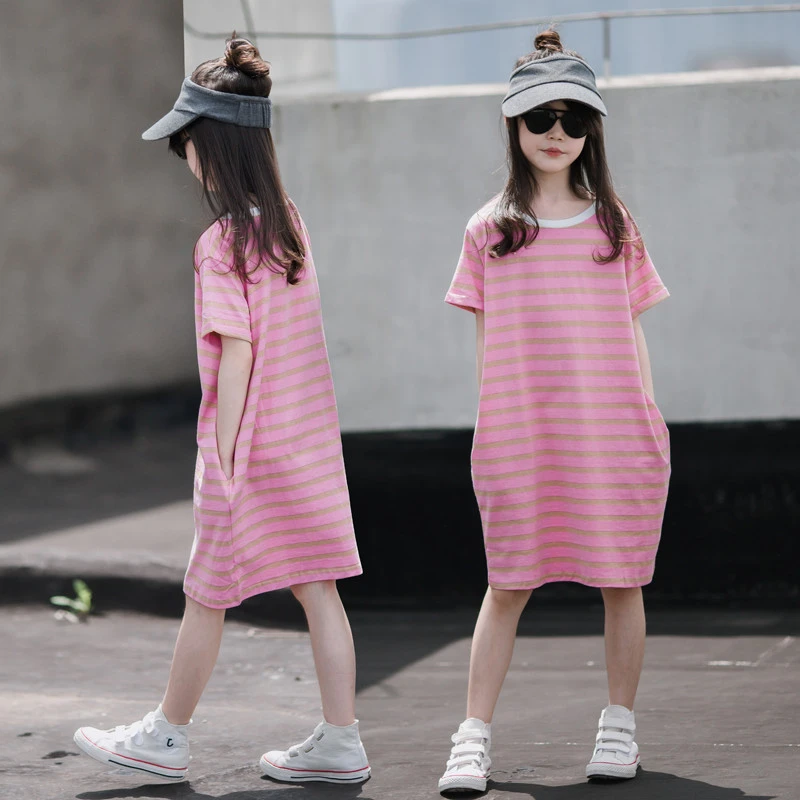 女童短袖连衣裙2025夏装儿童中长款t恤裙中大童夏季运动条纹裙子T