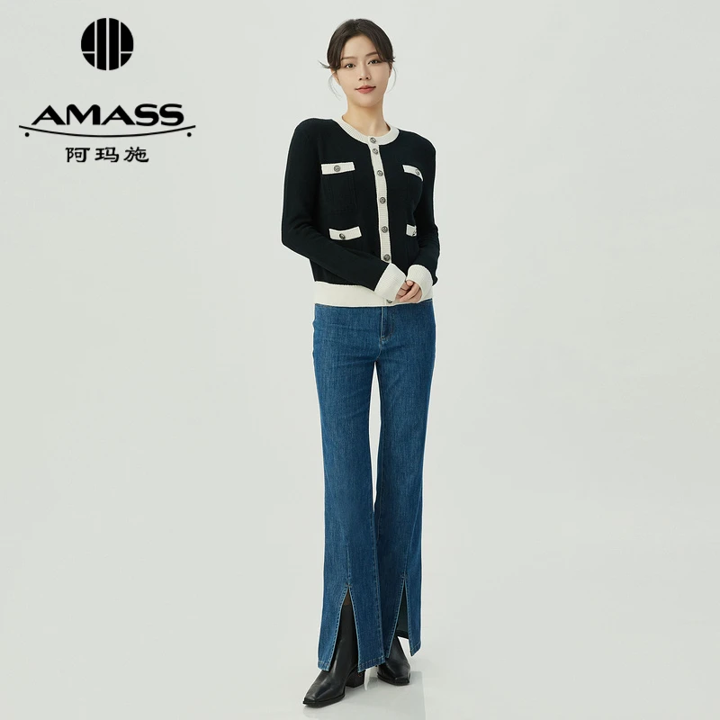阿玛施AMASS小香风财阀千金羊绒针织衫开衫长小香风短款羊绒衫