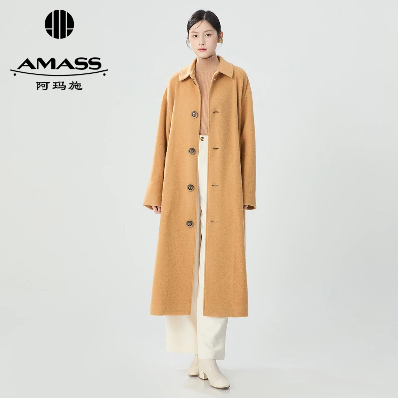阿玛施AMASS 新款排扣翻领中长秋季薄外套羊毛中长款翻领大衣