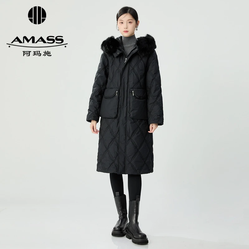 阿玛施AMASS冬季中长款笑脸拉链口袋连帽领棉服保暖阿棉衣5400834