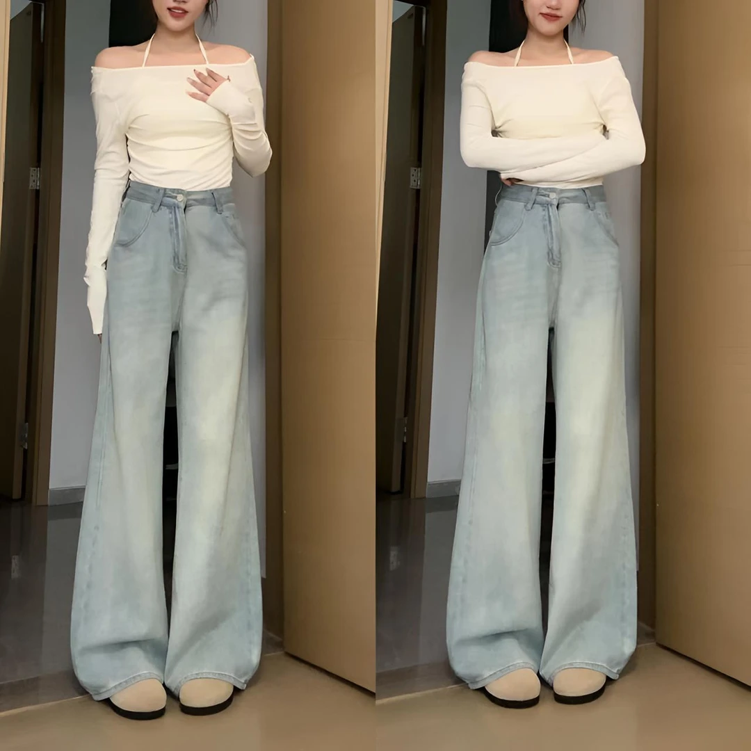 YZY冰川蓝美式阔腿裤宽松垂感牛仔拖地裤高腰显瘦阔腿拖地裤女