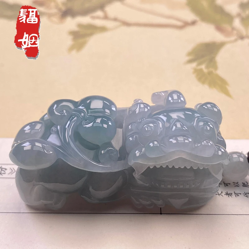 福姻翡翠霸王貔貅手把件飘花貔貅吊坠天然A货挂件带证书缅甸