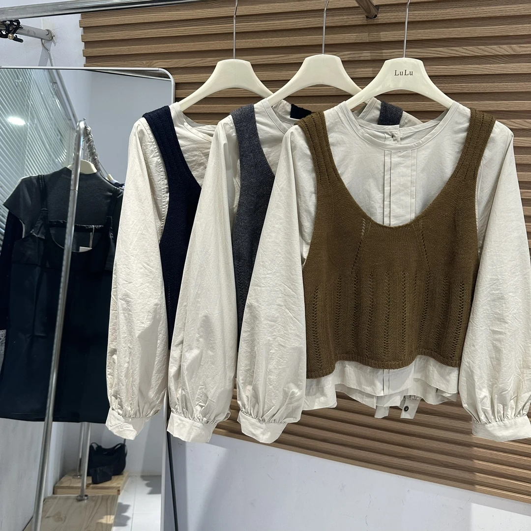 韩系高级感气质圆领衬衫女2024年冬季新款宽松小众针织背心两件套