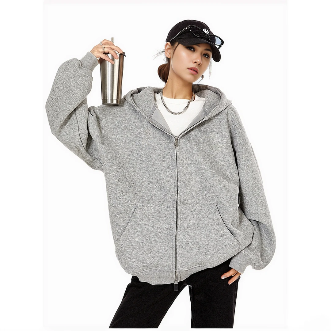 ICHMODE420G重磅开衫卫衣cleanfit开衫女连帽开衫休闲灰色外套