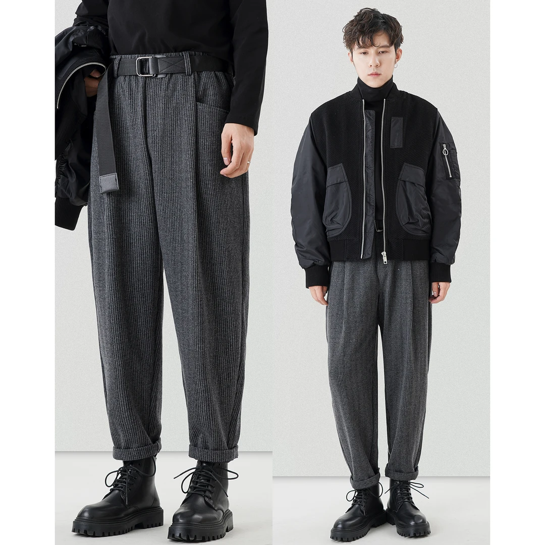 毛呢仿羊毛秋冬季男士工装裤加绒加厚萝卜灯芯绒九分休闲裤男长裤