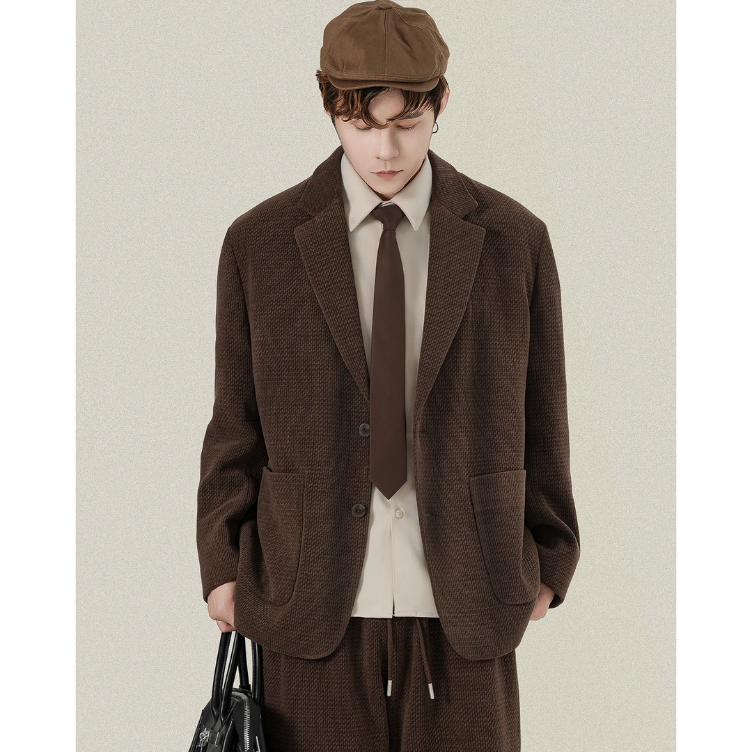 灯芯绒肌理感纹理复古西装冬季厚款男士潮流丝绒休闲西服上衣外套