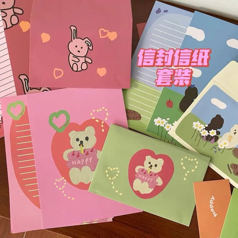 ins可爱小熊兔子信纸信封贴纸套装可爱浪漫生日祝福情书情侣朋友