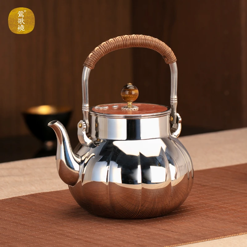 莺歌烧316不锈钢烧水壶梨形龙纹茶壶家用提梁壶瓜形葫芦纹烧水壶