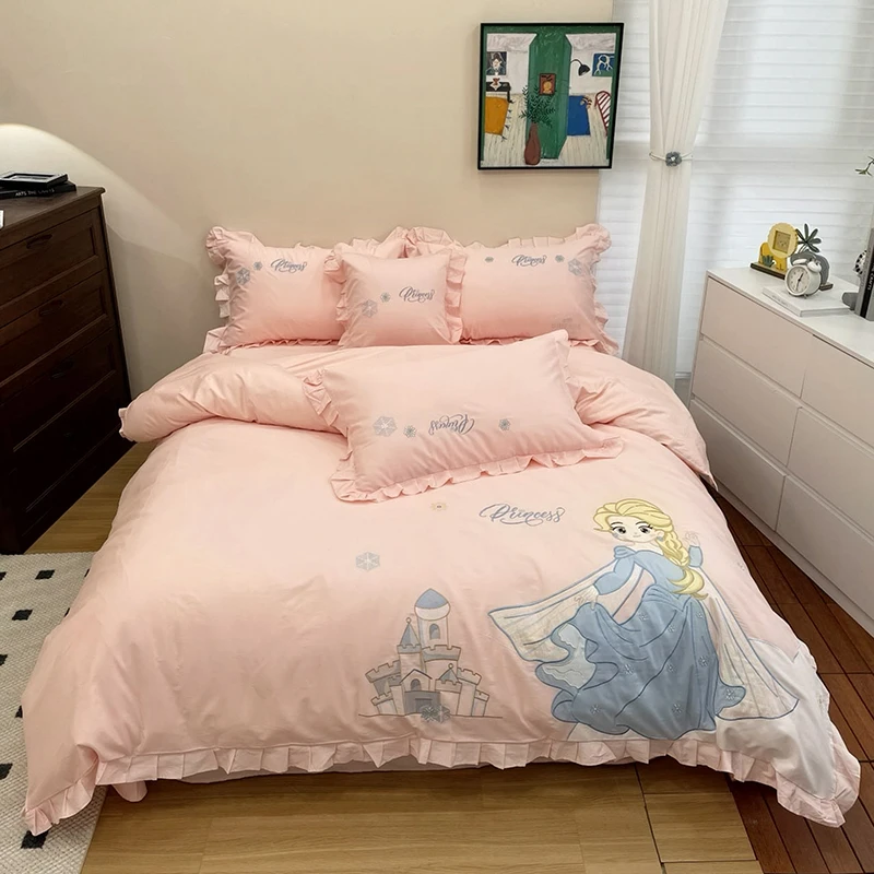 冰雪奇缘 粉色爱莎公主纯棉女孩四件套 少女心绣花儿童床上用品