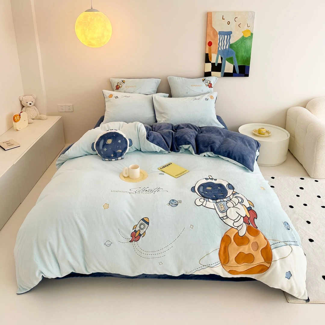 宇航员男孩牛奶绒四件套 不掉毛不起球加厚儿童被套双面绒床品冬