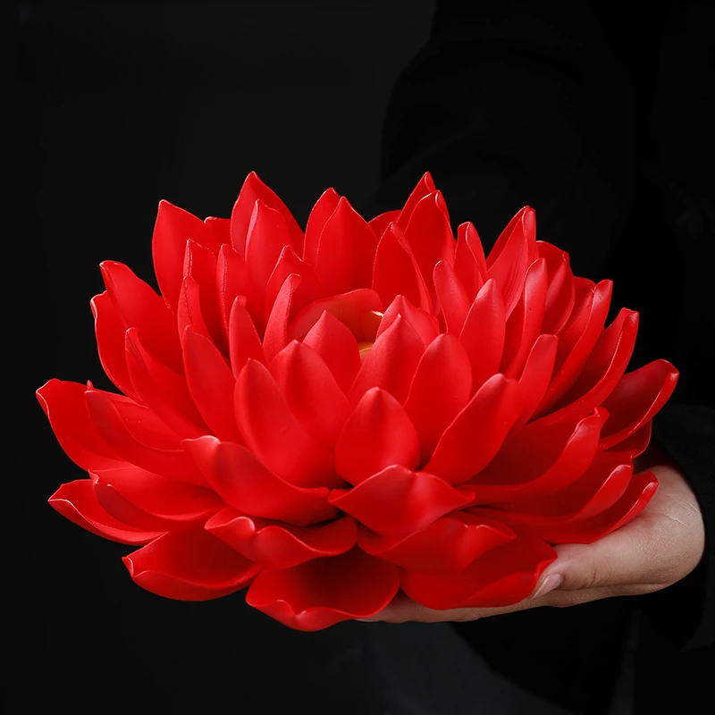 戴玉堂红色帝王莲花摆件中式陶瓷客厅室内玄关装饰工艺品线香插