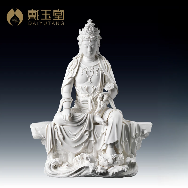 戴玉堂陶瓷坐像摆件《坐岩如意观/音》林建平手签限量作品 家居摆件