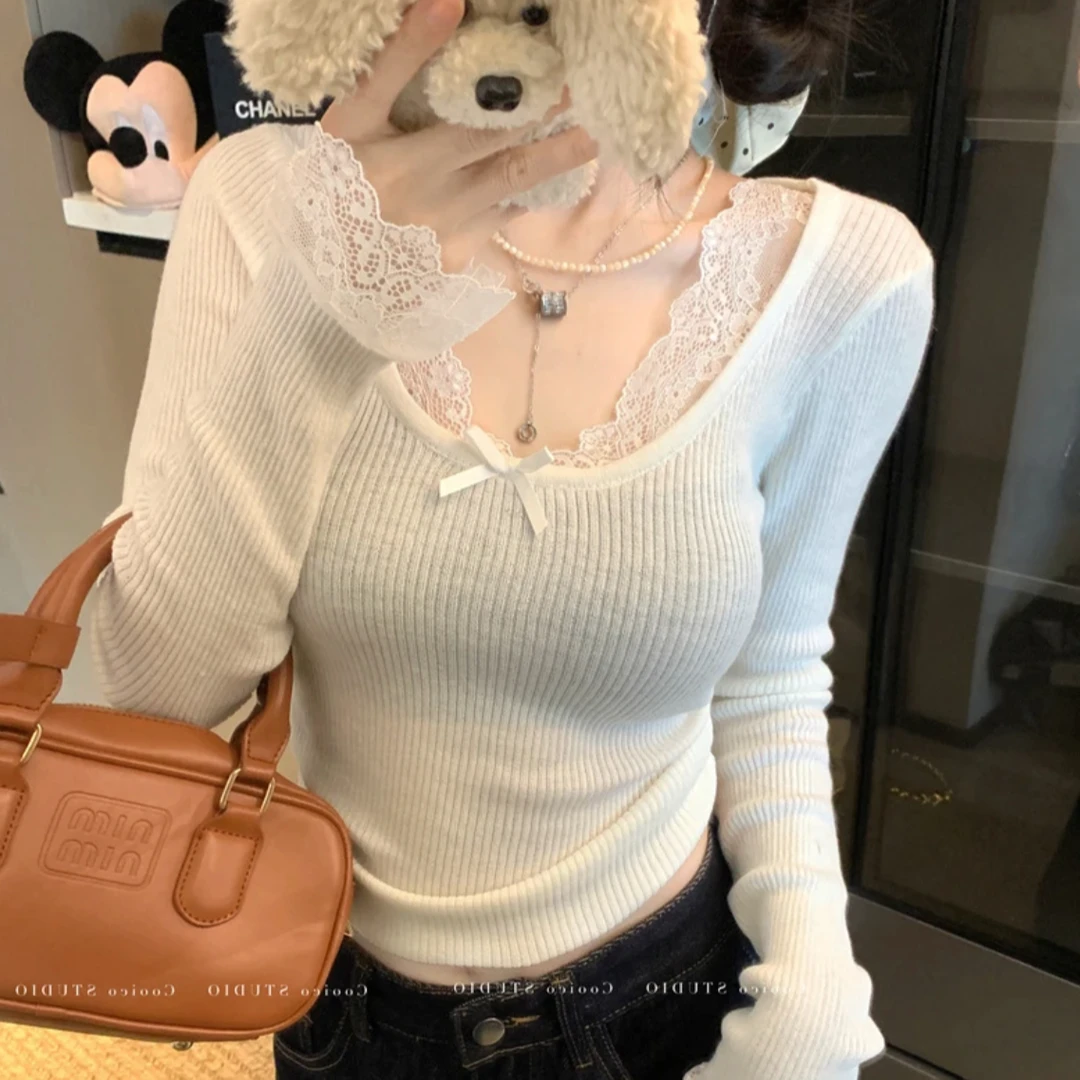 大码毛衣秋冬女装内搭长袖上衣纯欲风套头蕾丝修身打底气质针织衫