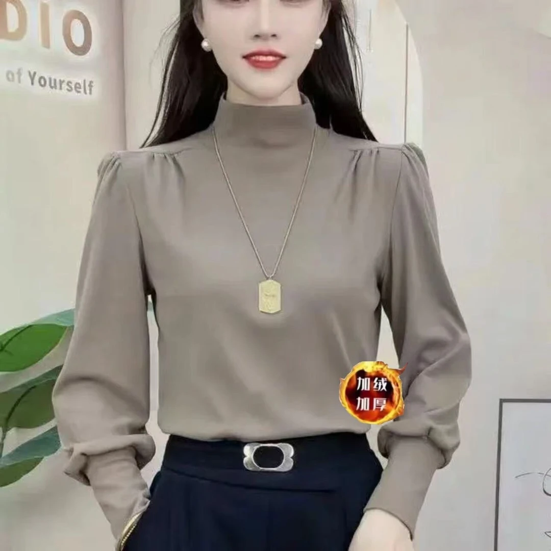 冬季双面德绒新款时尚秋冬纯色保暖女士半高领长袖打底衫修身显瘦