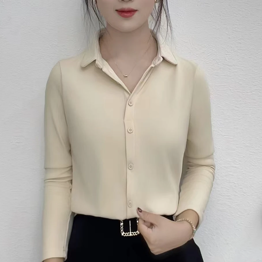 冬季双面德绒衬衫长袖修身新款半开领纯色衬衫领时尚保暖显瘦女