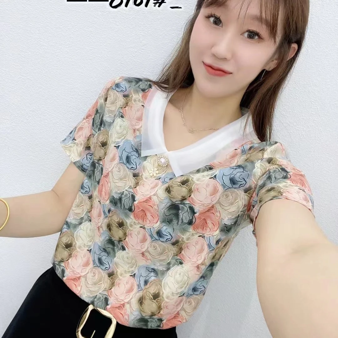 设计感上衣夏季服饰新款印花短袖修身显瘦遮肉减龄款时尚洋气百搭
