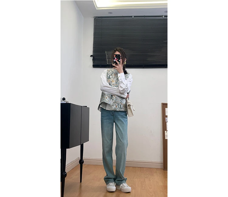 【浮生六记】梨型专攻特调翡翠绿设计感小众复古直筒窄版阔腿牛仔裤