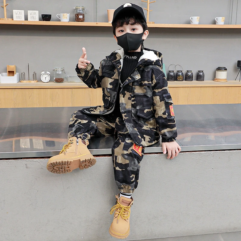 男童冬装套装2024新款秋冬季炸街酷帅迷彩童装加绒加厚儿童衣服潮