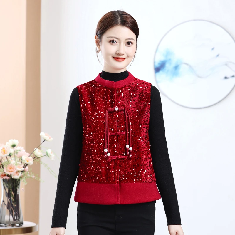 很重磅！璀璨星河！国风新中式流苏盘扣立领黑色毛呢亮片马夹甲女