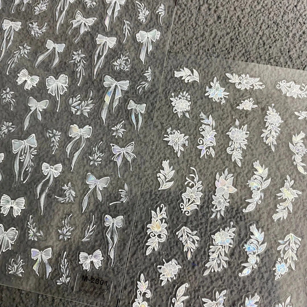 超仙贝壳光花枝长蝴蝶结浮雕美甲贴纸纯欲风蕾丝蝴蝶花朵指甲装饰