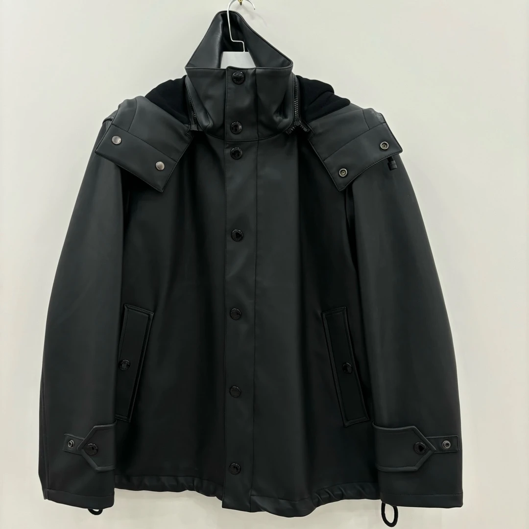 99新/Burberry博柏利/纯色单排扣连帽皮质风衣/尺码50/编号5904