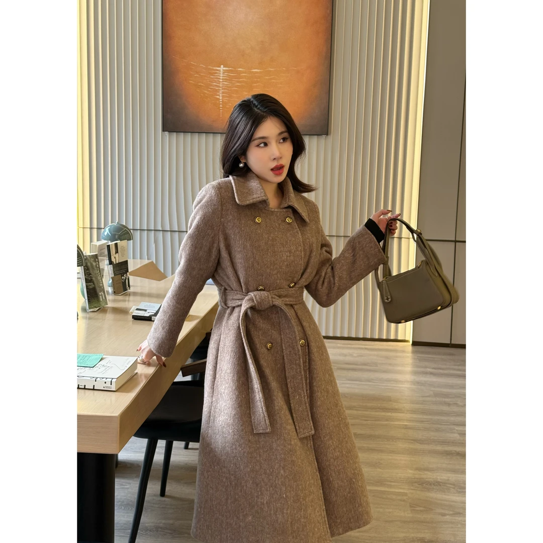 【文子专属】秋冬季千金风90羽绒毛呢大衣收腰系小个子长款大衣