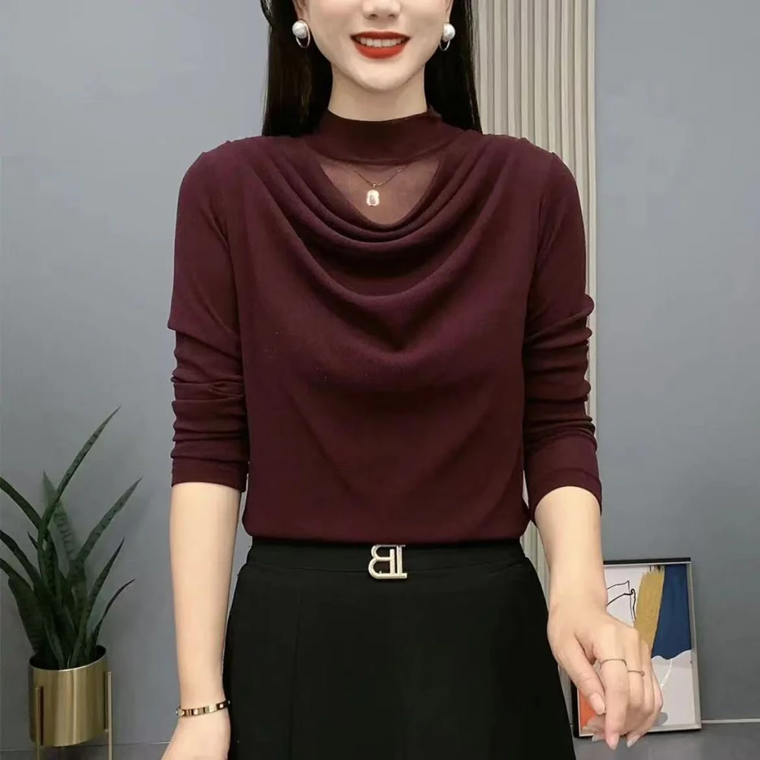 2024半高领纯色长袖显瘦加绒保暖修身堆堆领时尚洋气气质百搭小衫
