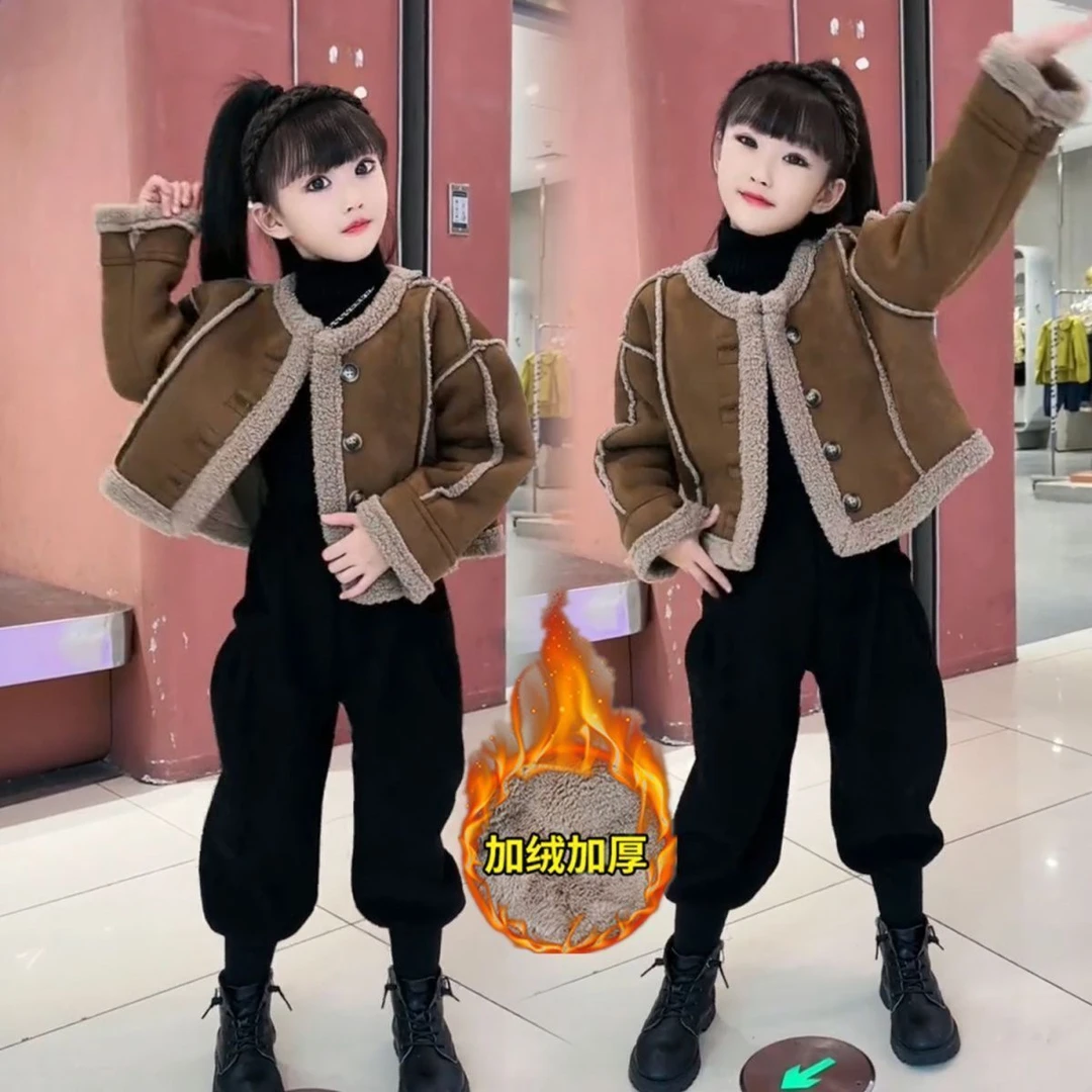 【AW】女童装秋冬新款外套儿童韩版时髦美拉德一体绒外套加绒萝卜