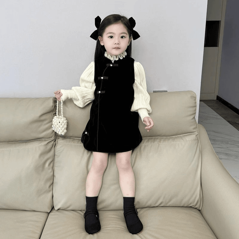 【AW】女童汉服2023冬季新款宝宝中国风复古丝绒盘扣旗袍裙儿童冬
