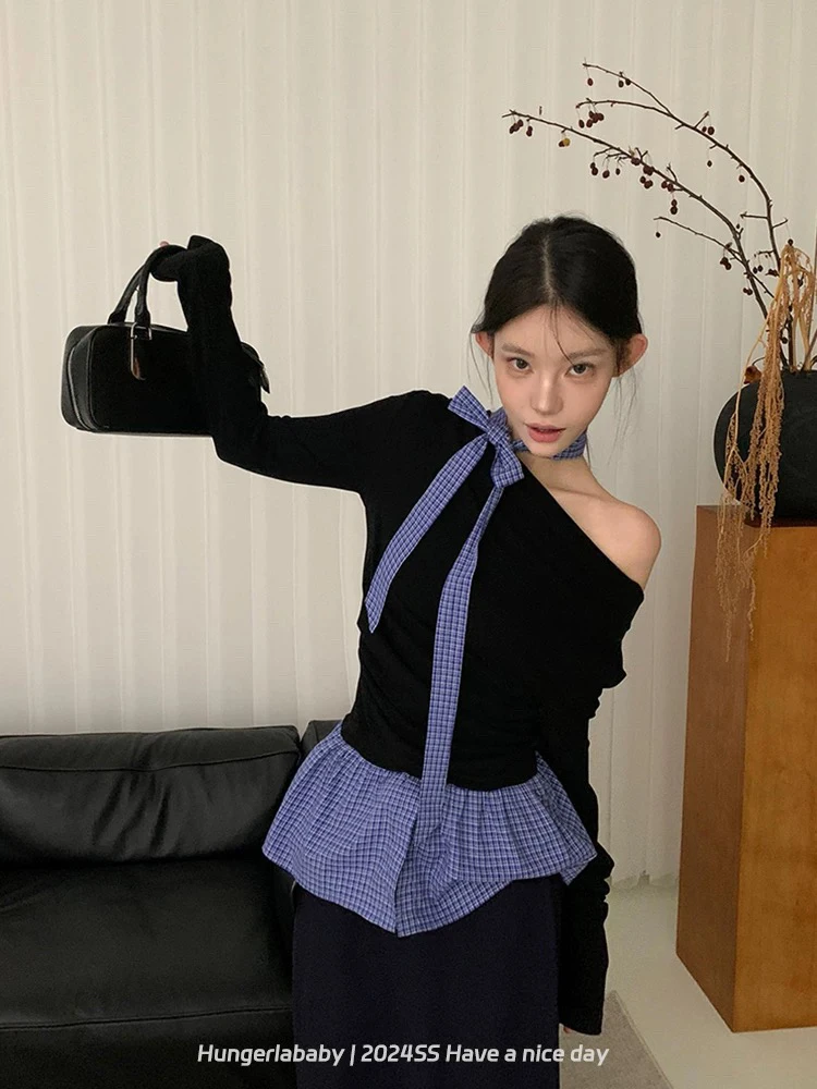 时尚格子拼接露肩加绒长袖T恤女秋冬打底上衣