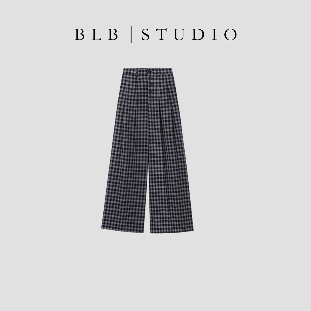 【BLB•板老板】早秋百搭小众设计女格纹拼接排扣阔腿裤 1337