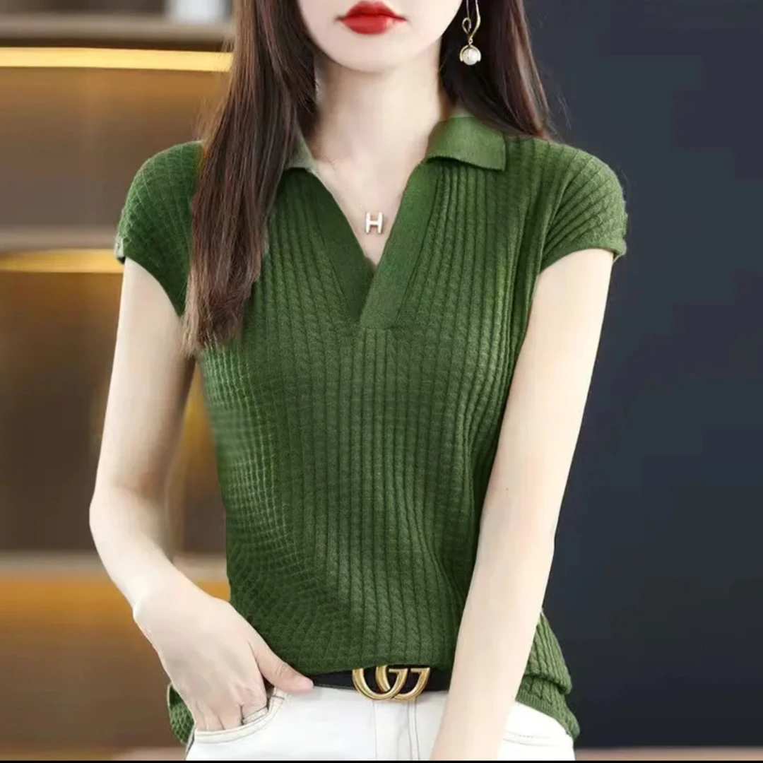 正肩短上衣女polo针织衫时尚百搭气质纯色夏季翻领显瘦修身薄款
