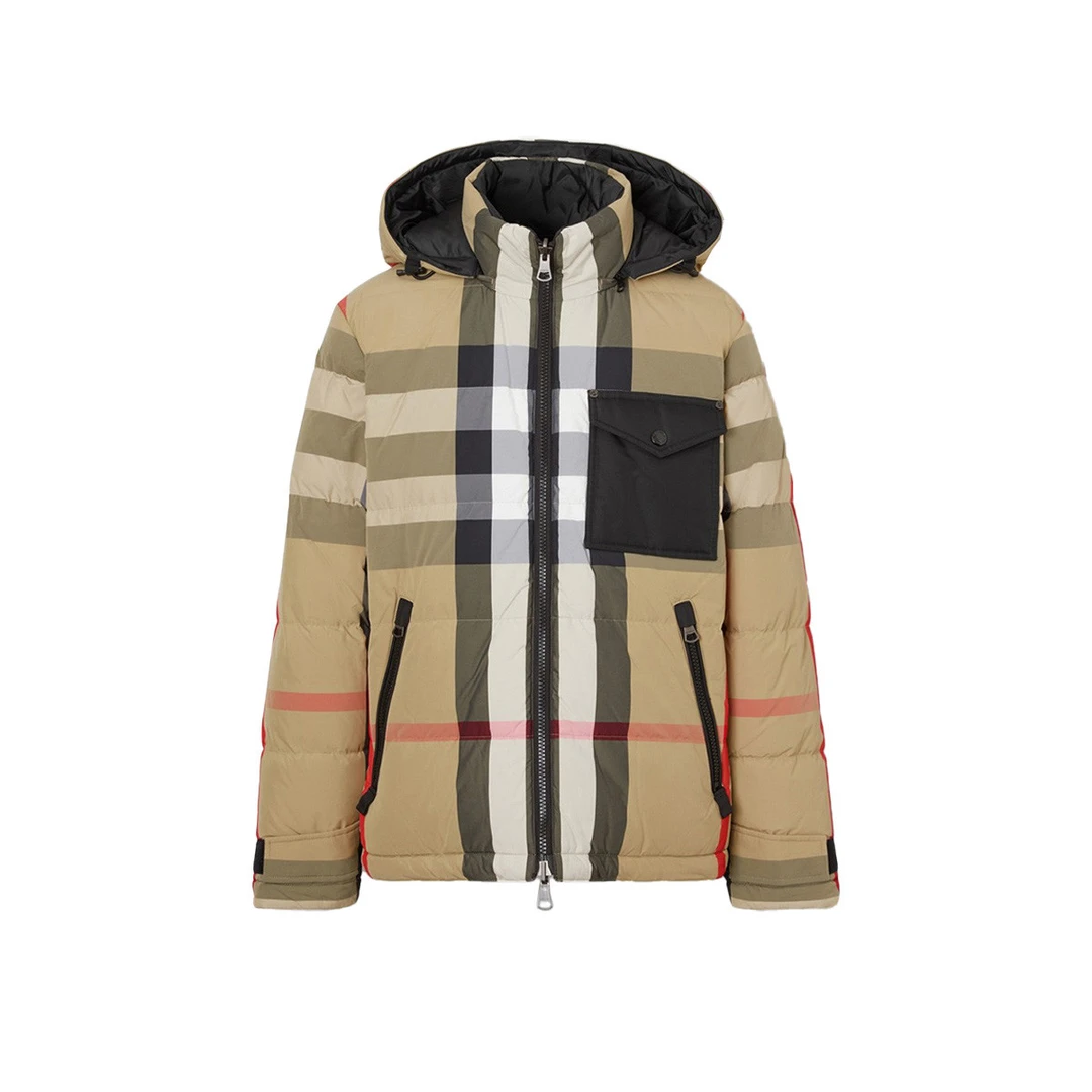 【双面可穿】博柏利经典格纹连帽拉链羽绒服男式羽绒服保暖外套冬季