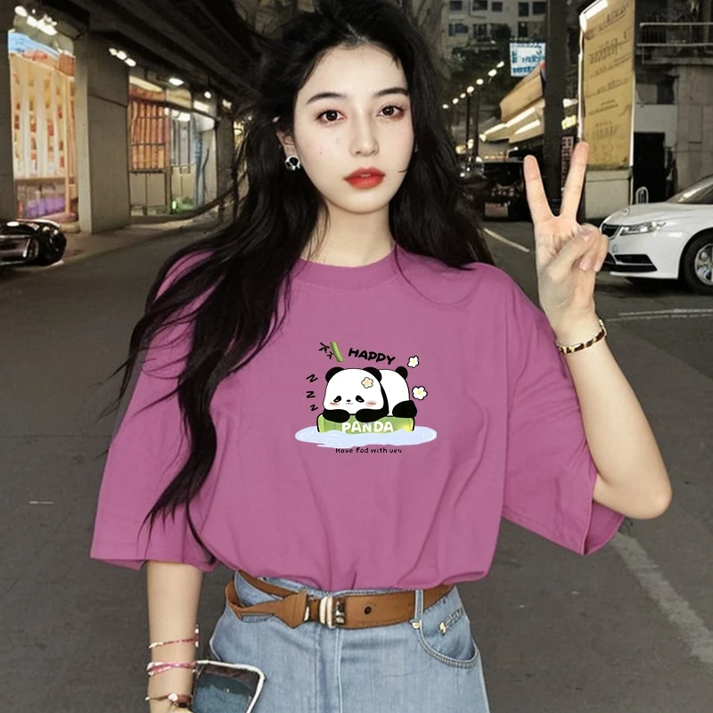 熊猫印花纯棉短袖t恤女ins潮夏季大码宽松美式复古体恤圆领上衣服